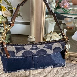 Coach Bleeker Denim Blue Brown Hobo Baguette Purse